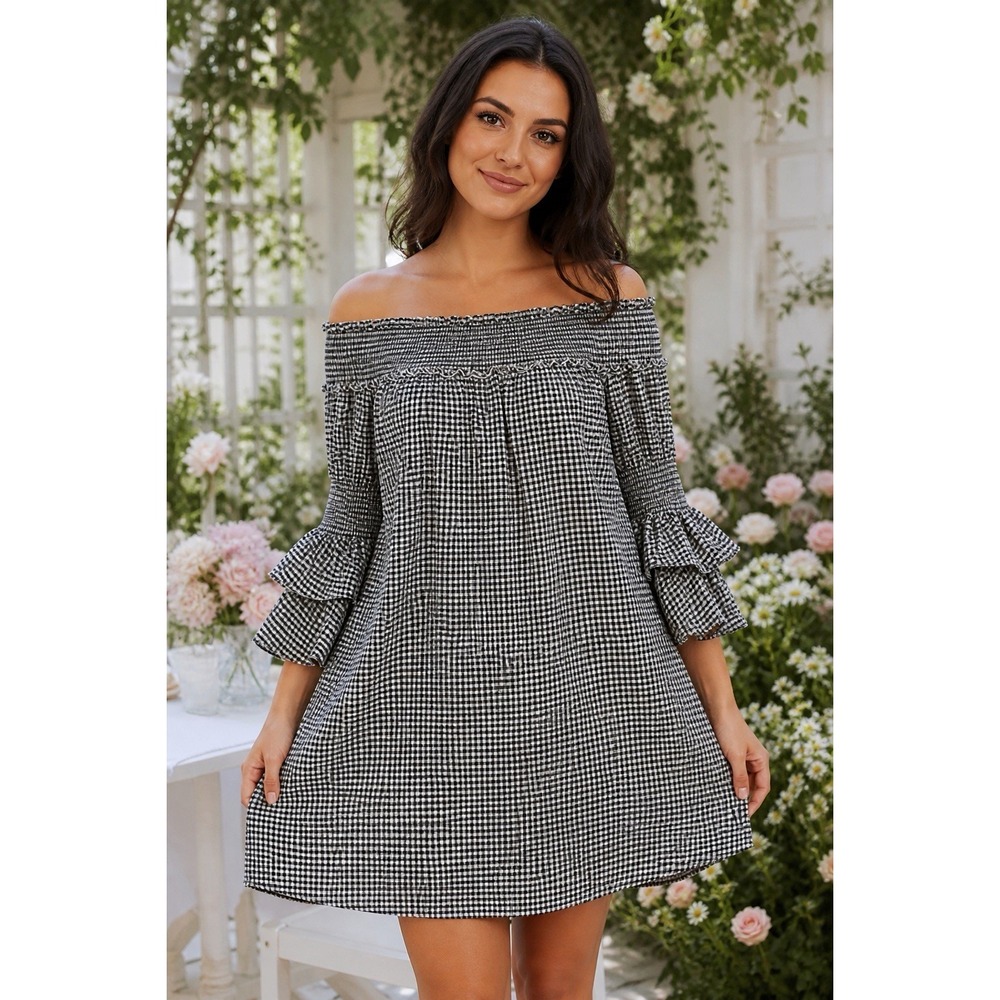 VASNA Gingham Off Shoulder Dress M Cottagecore Smocked Ruffle Sleeve
